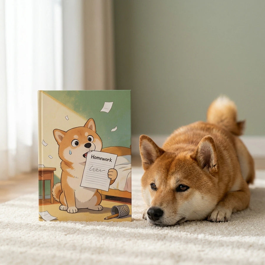 Homework Eaten Pet Notebook. A real red-and-cream Shiba Inu with pricked ears and a curled tail resting its chin on a cream rug next to the hardcover notebook, soft daylight from a window.