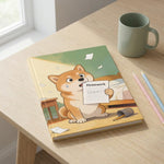 Homework Eaten Pet Notebook. The hardcover notebook lying on a pale oak desk beside a window, a sage ceramic mug and two sharpened pencils nearby.