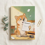 Homework Eaten Pet Notebook. Overhead flat lay of the hardcover notebook on cream linen with a sprig of eucalyptus and a single brass paperclip.
