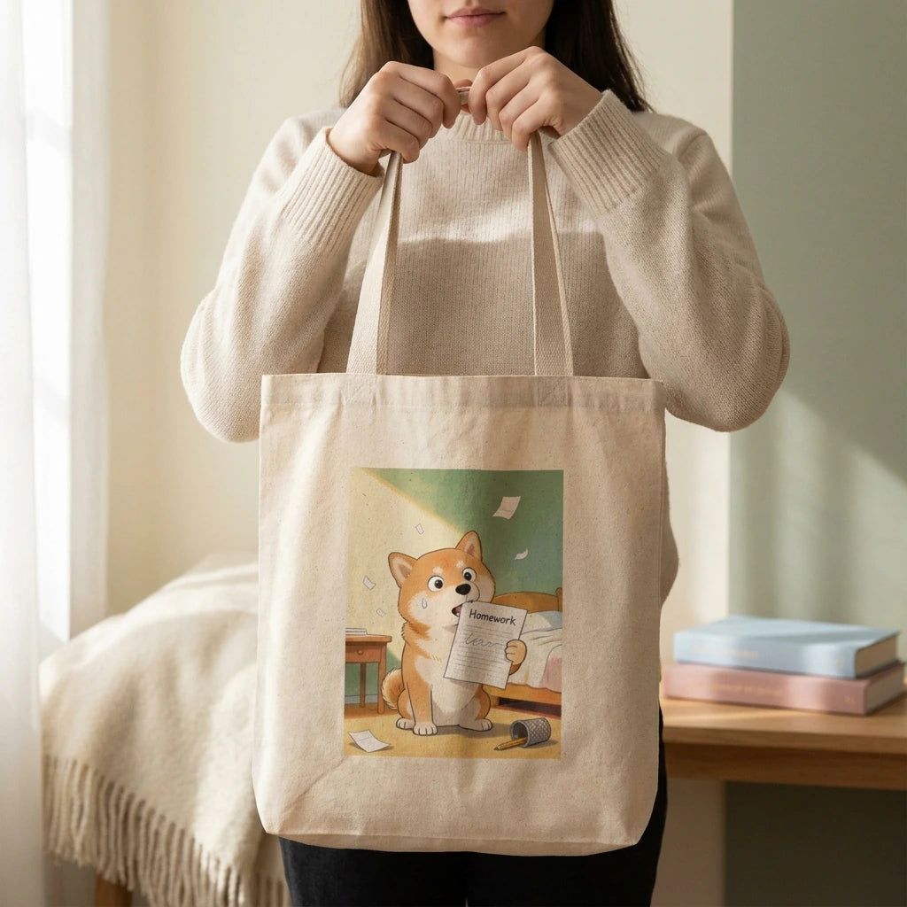 Homework Eaten Pet Tote Bag. A person holding the natural canvas tote bag in front of them with both hands, cropped from the chin down, cream wall behind.