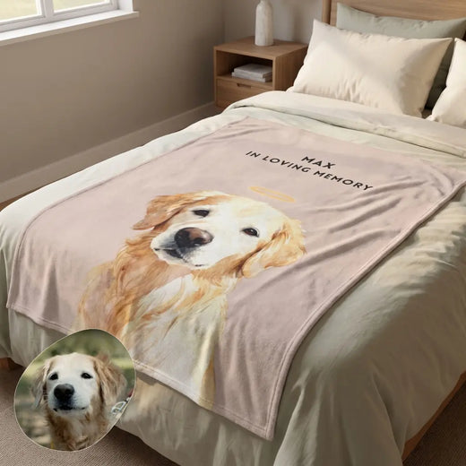 Memorial Custom Pet Blanket with Halo spread over a bed