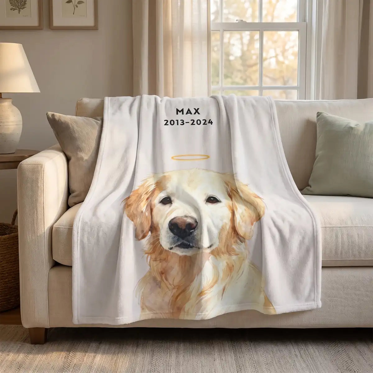 Memorial Custom Pet Blanket with Halo draped over a sofa
