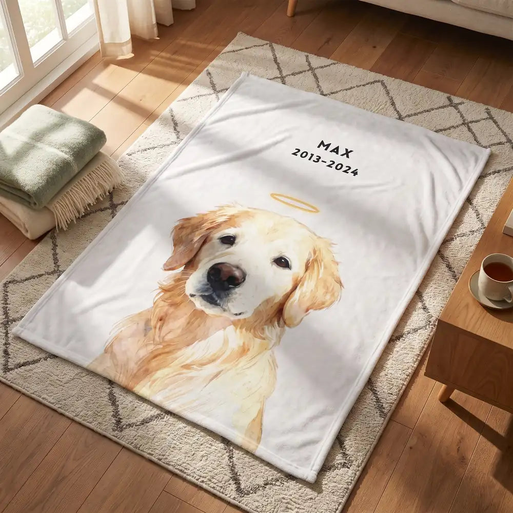 Memorial Custom Pet Blanket with Halo spread out on the floor