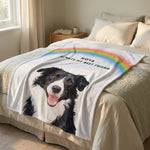 Memorial Custom Pet Blanket with Rainbow spread across the foot of a bed