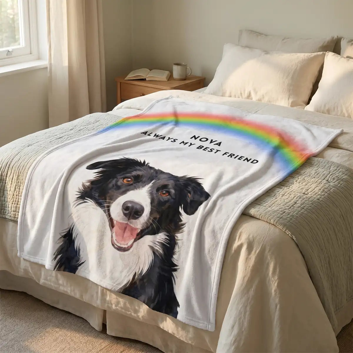 Memorial Custom Pet Blanket with Rainbow spread across the foot of a bed