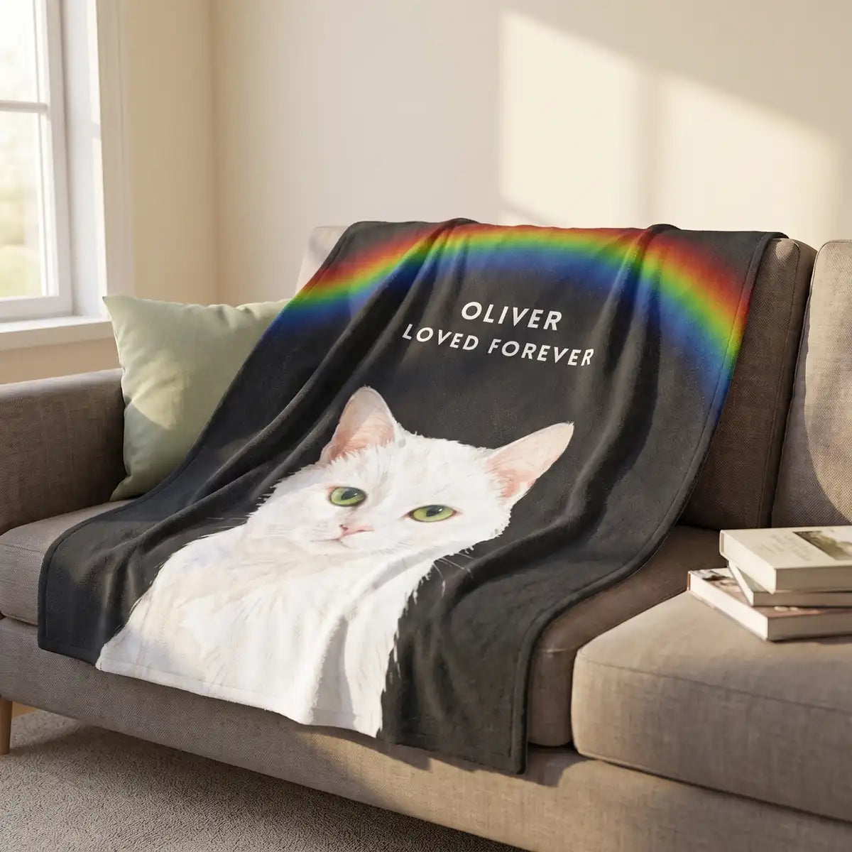 Memorial Custom Pet Blanket with Rainbow draped over a sofa