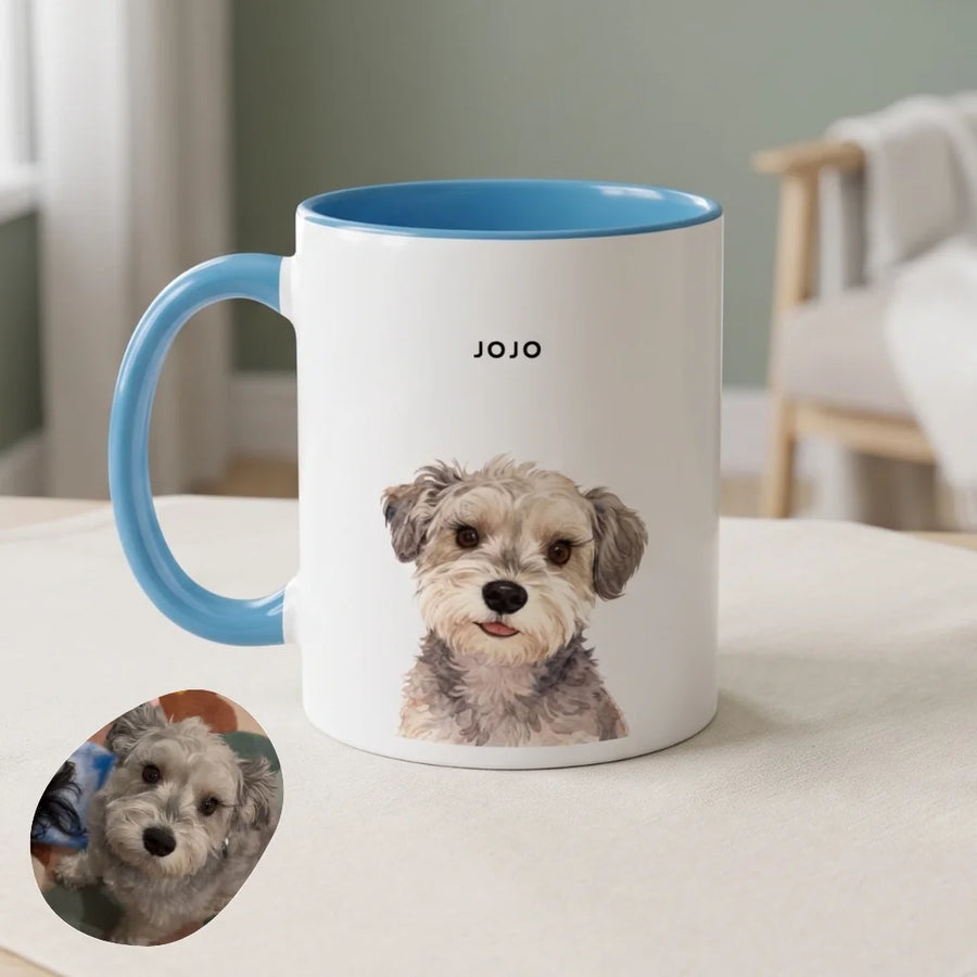 Modern Custom Pet Colorful Mug photographed on a soft cloth surface