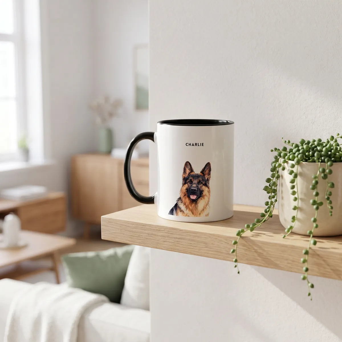 Modern Custom Pet Colorful Mug on a shelf beside a plant