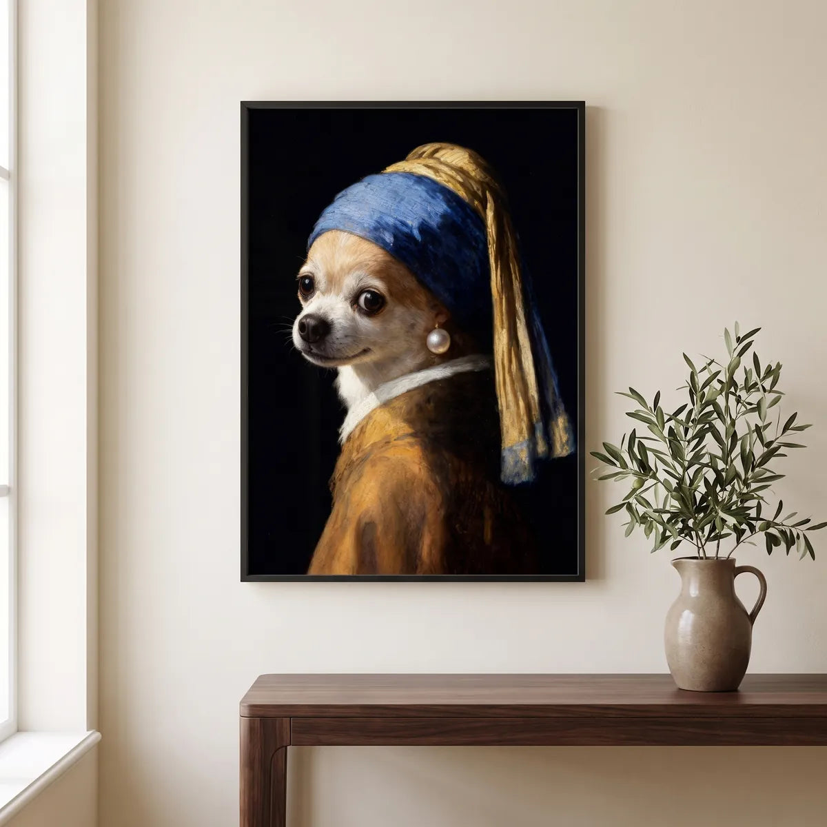 Pearl Earring Custom Pet Portrait hanging on the wall above a console table