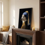 Pearl Earring Custom Pet Portrait resting on a mantelpiece