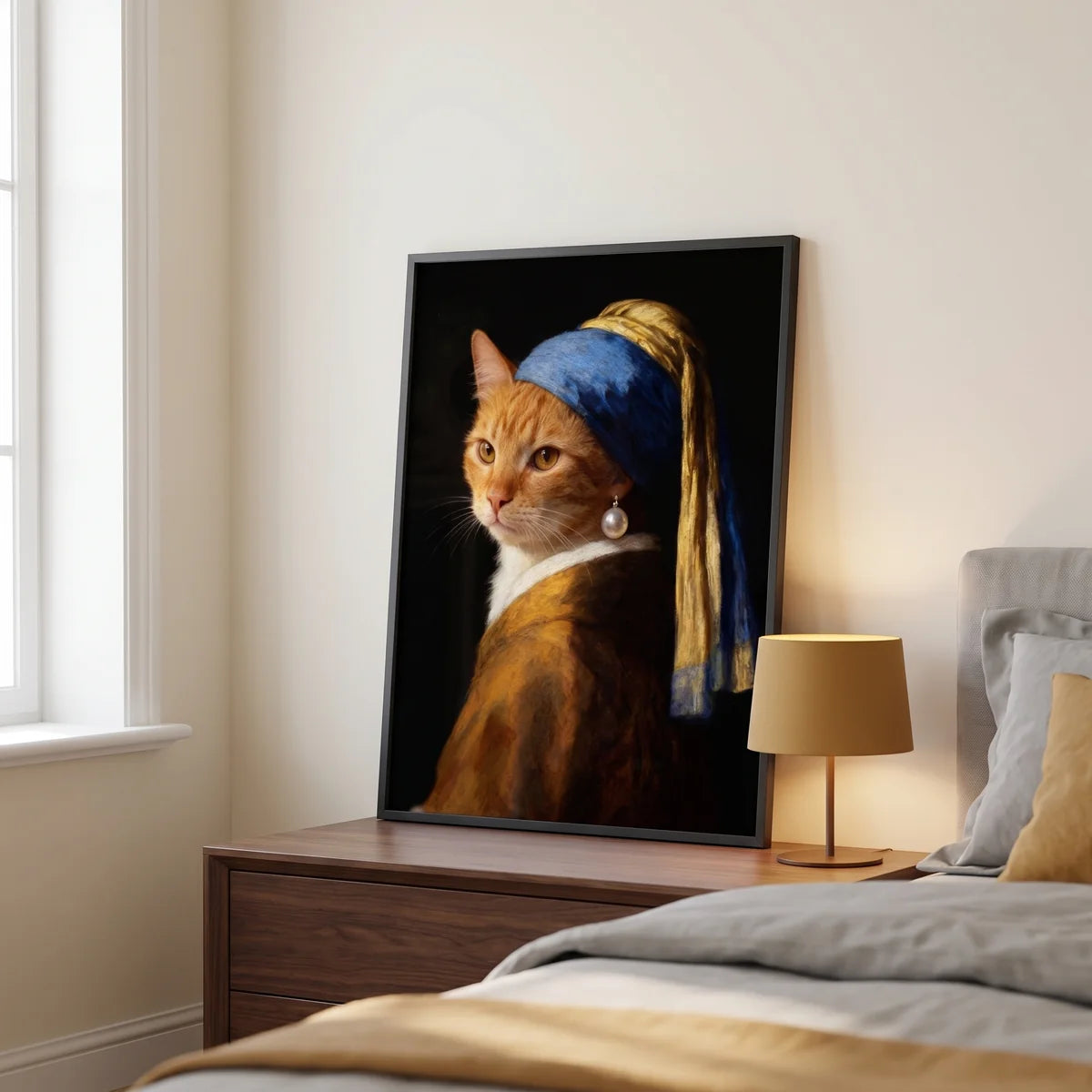 Pearl Earring Custom Pet Portrait beside a bed on a bedside table