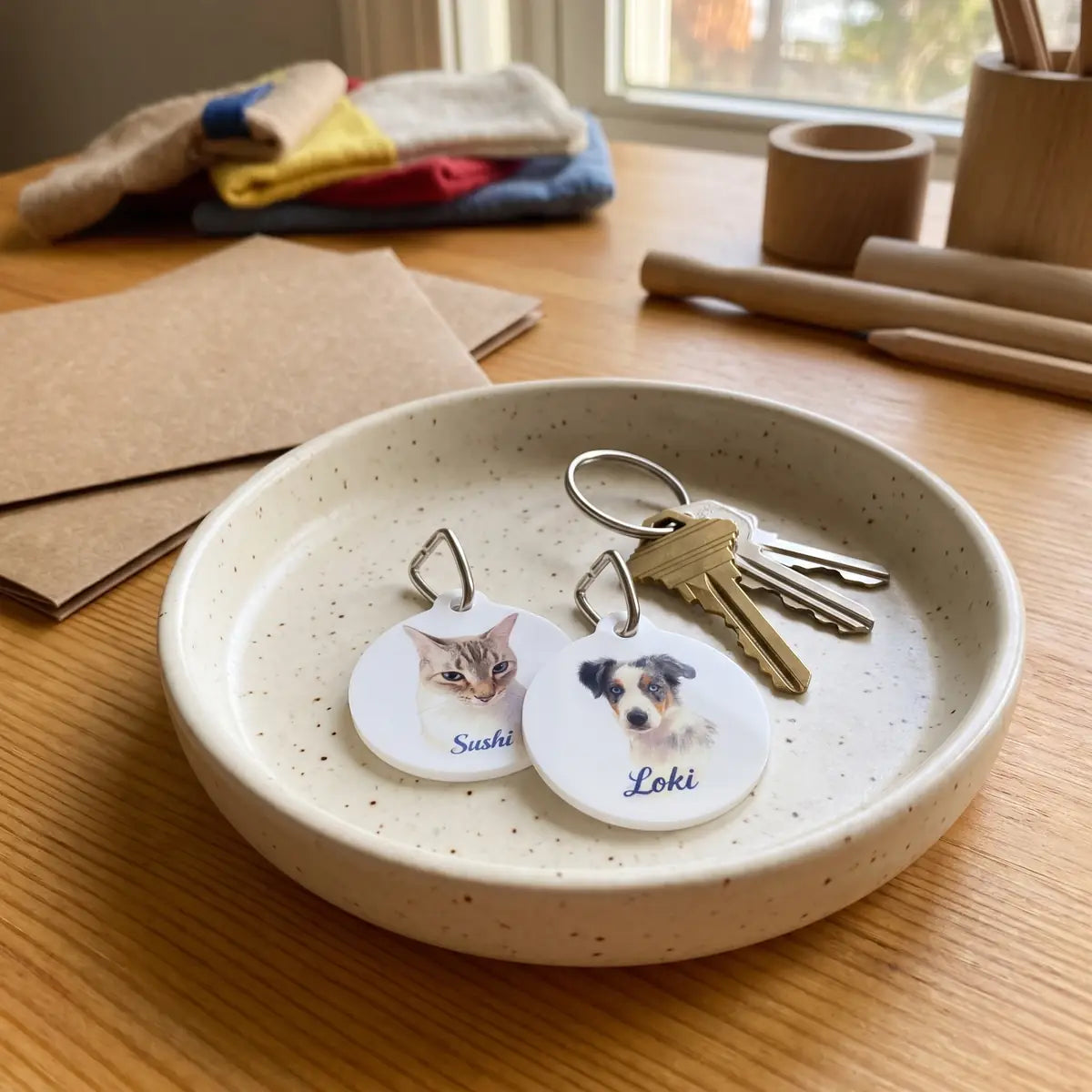 Pencil Art Keychain in an entryway tray beside a set of keys