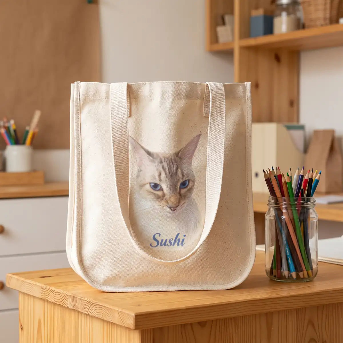 Pencil Art Tote Bag standing on a kitchen counter