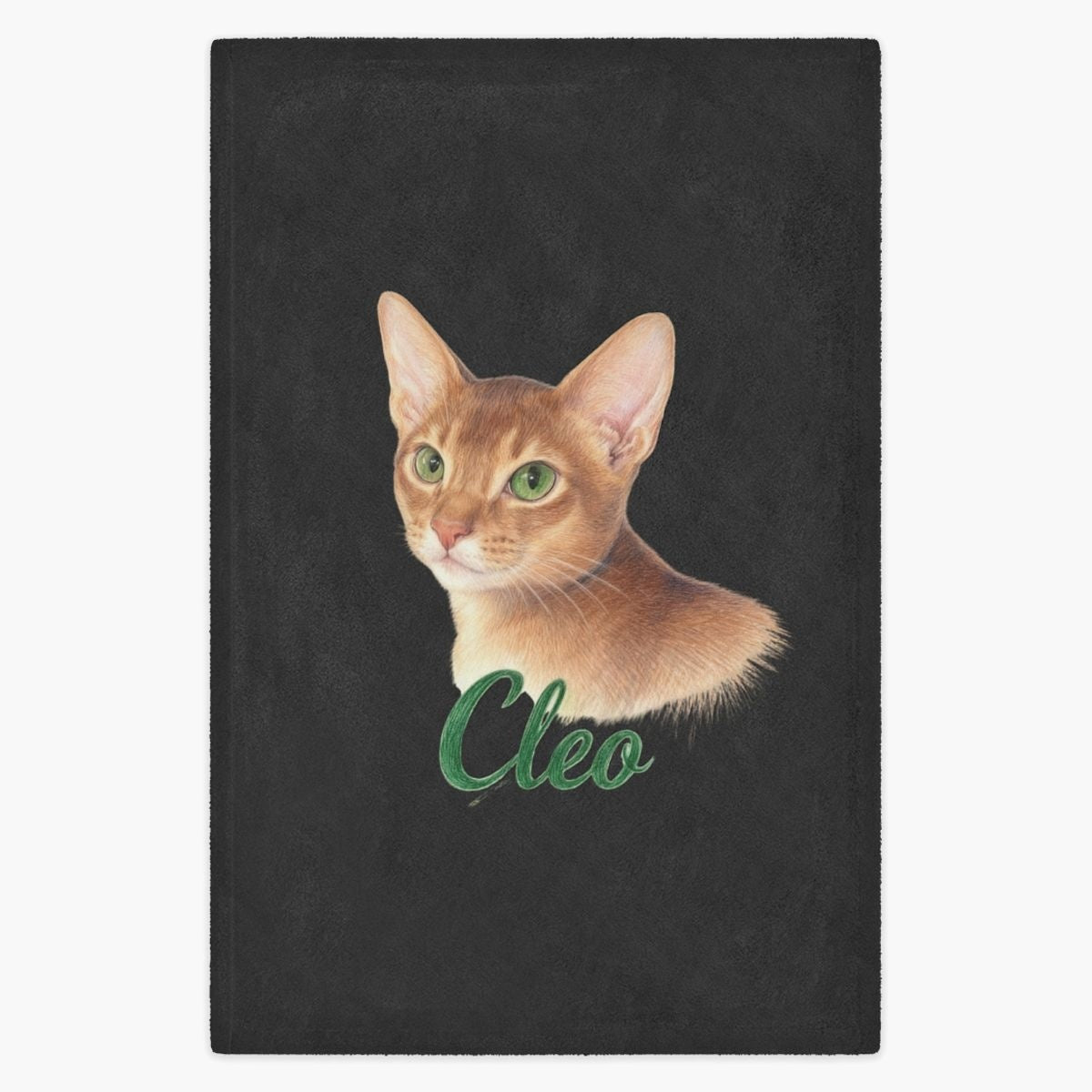 Colored pencil portrait of a ginger Abyssinian cat printed on a charcoal gray fleece blanket, with the name "Cleo" drawn below.
