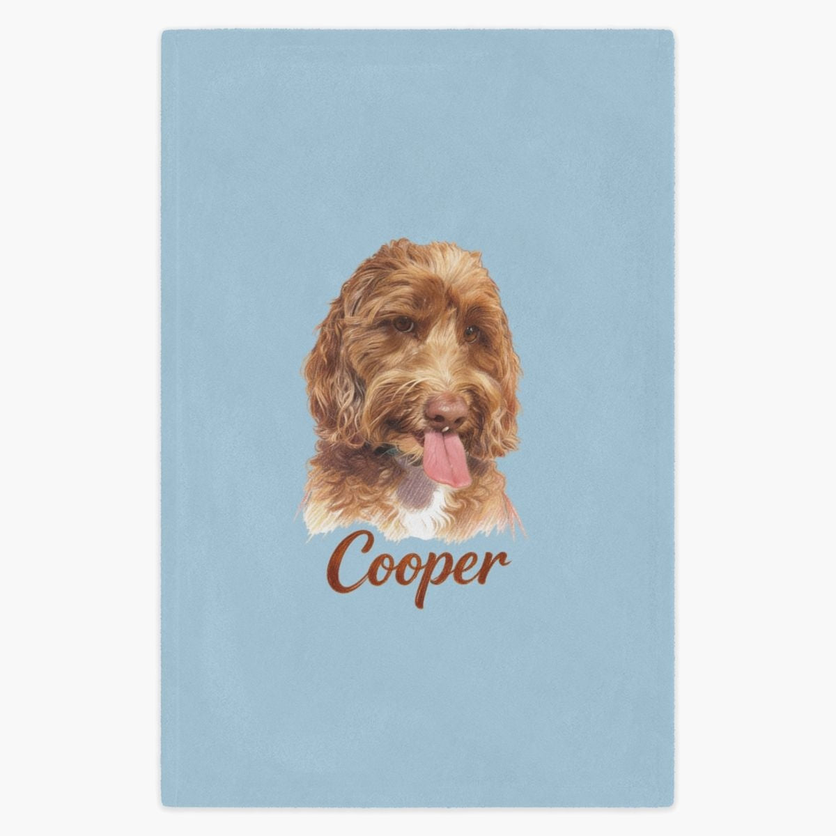 Colored pencil portrait of an apricot labradoodle printed on a french blue fleece blanket, with the name "Cooper" drawn below.