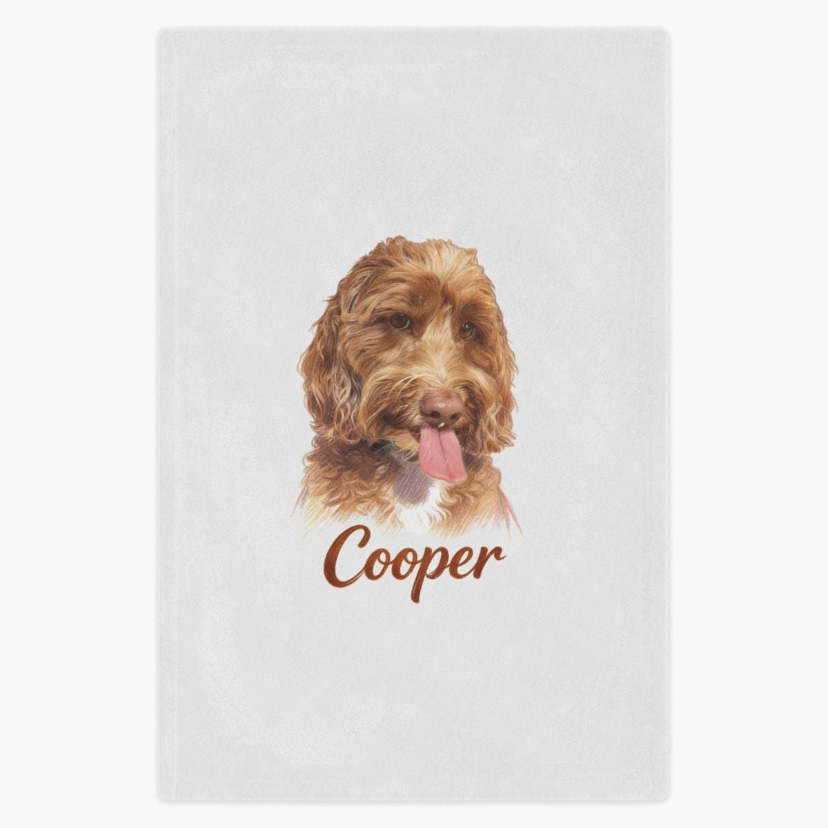 Colored pencil portrait of an apricot labradoodle printed on a soft white fleece blanket, with the name "Cooper" drawn below.