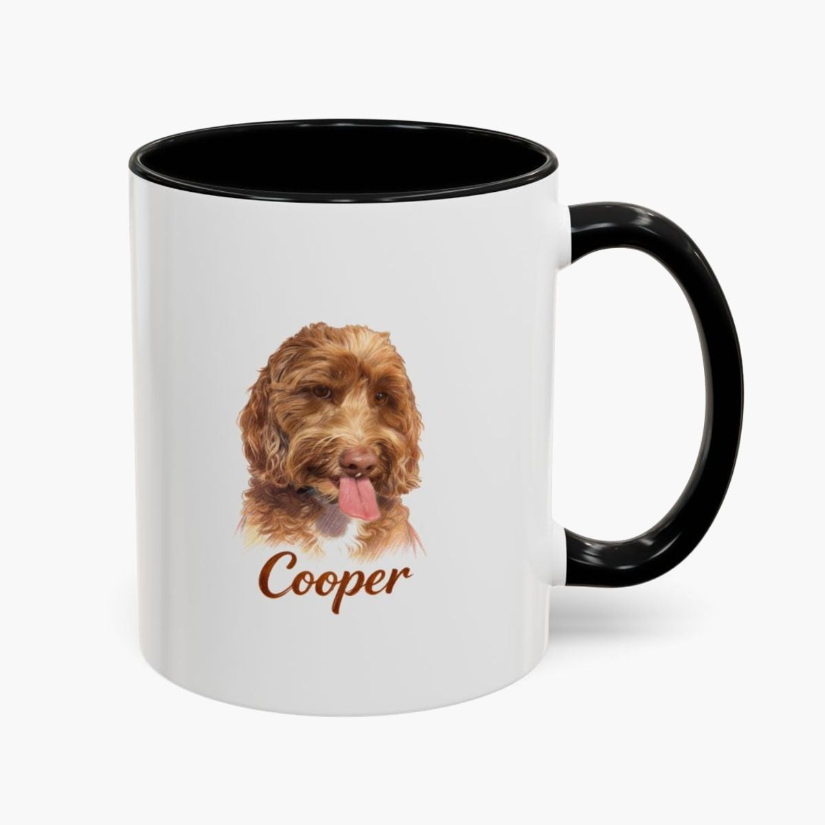 Colored pencil portrait of an apricot labradoodle on a 11 oz mug with a black handle, with the name "Cooper" drawn below.