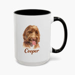 Colored pencil portrait of an apricot labradoodle on a 15 oz mug with a black handle, with the name "Cooper" drawn below.