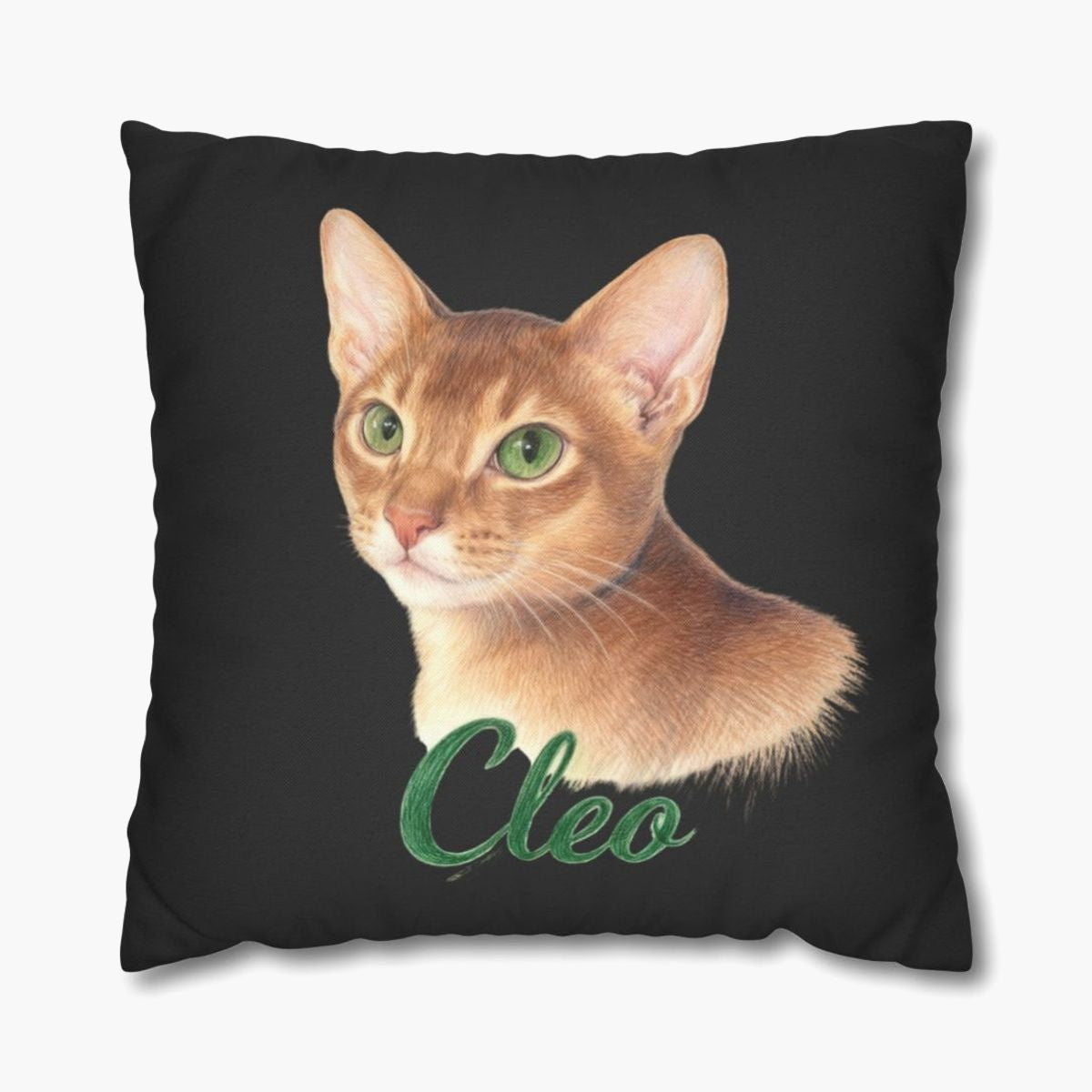 Colored pencil portrait of a ginger Abyssinian cat on a charcoal gray 18-inch throw pillow, with the name "Cleo" drawn below.