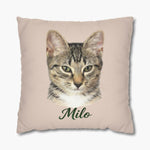 Colored pencil portrait of a tabby cat on a dusty pink 18-inch throw pillow, with the name "Milo" drawn below.
