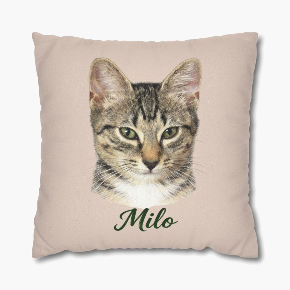 Colored pencil portrait of a tabby cat on a dusty pink 18-inch throw pillow, with the name "Milo" drawn below.