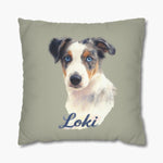 Colored pencil portrait of a blue merle Australian shepherd puppy on a sage 18-inch throw pillow, with the name "Loki" drawn below.