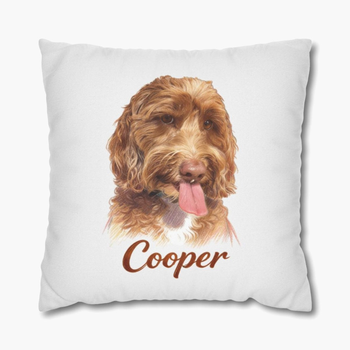 Colored pencil portrait of an apricot labradoodle on a soft white 18-inch throw pillow, with the name "Cooper" drawn below.