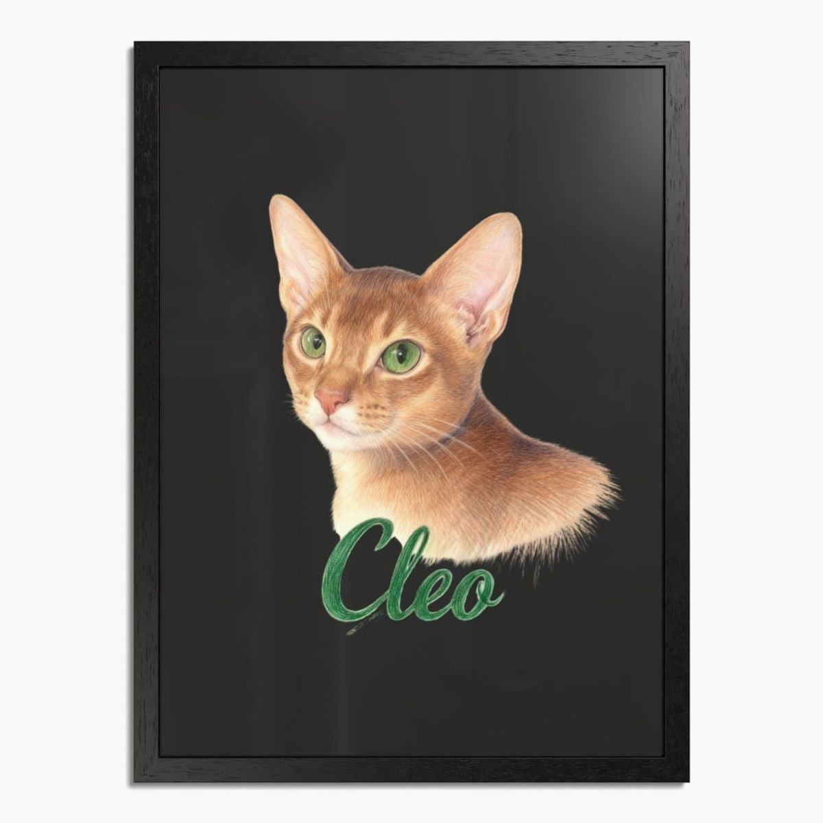 Colored pencil portrait of a ginger Abyssinian cat on a charcoal gray background, framed in black wood, with the name "Cleo" drawn below.