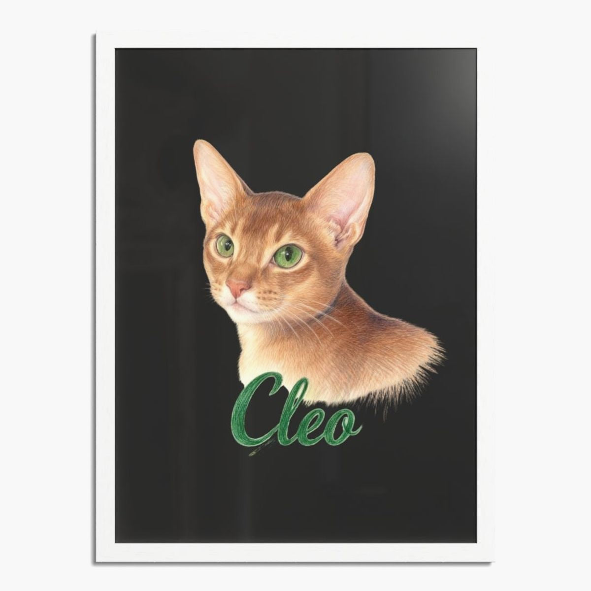 Colored pencil portrait of a ginger Abyssinian cat on a charcoal gray background, framed in white wood, with the name "Cleo" drawn below.