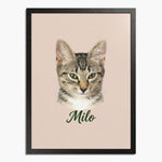Colored pencil portrait of a tabby cat on a dusty pink background, framed in black wood, with the name "Milo" drawn below.