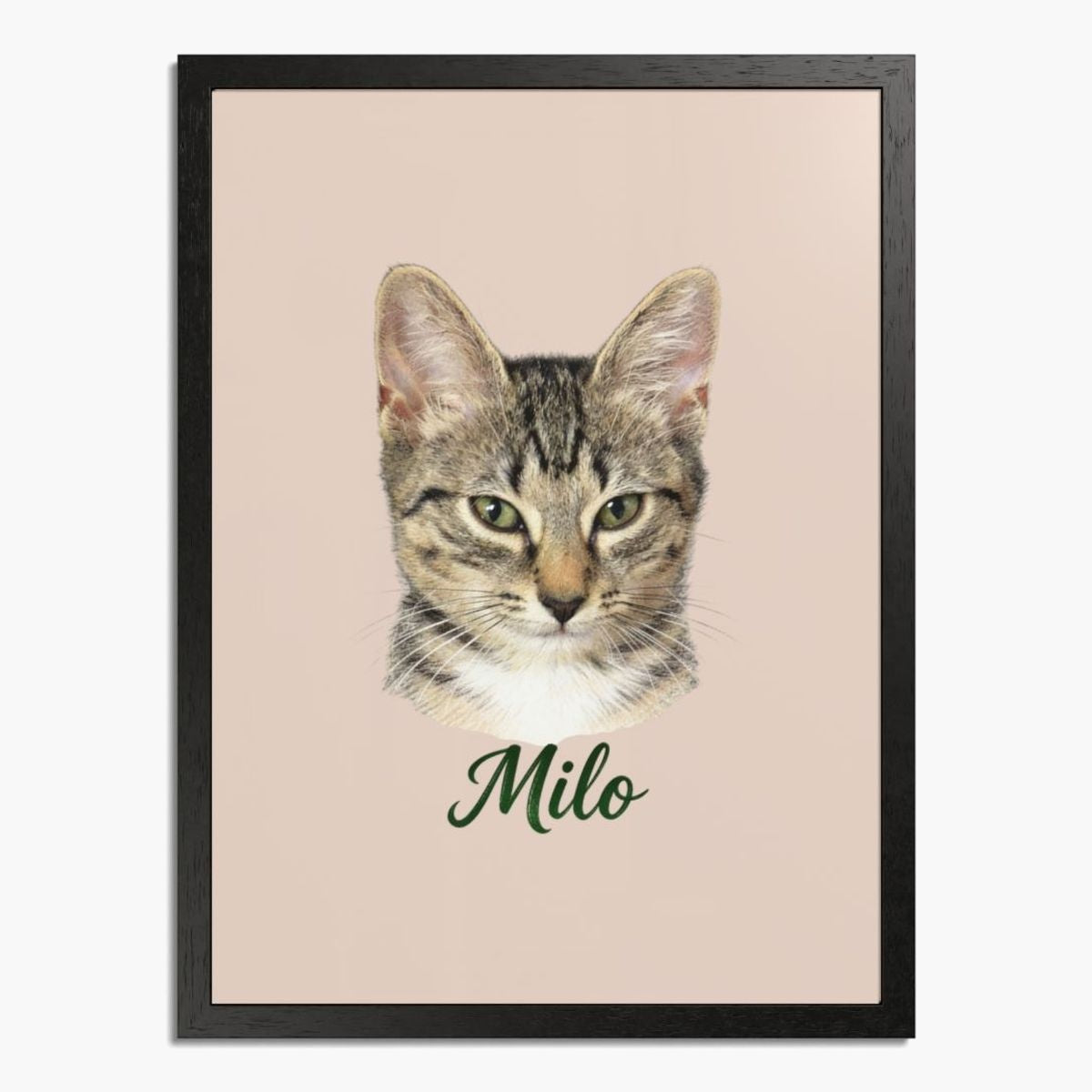 Colored pencil portrait of a tabby cat on a dusty pink background, framed in black wood, with the name "Milo" drawn below.