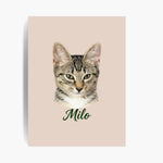 Unframed colored pencil print of a tabby cat on a dusty pink background, with the name "Milo" drawn below.