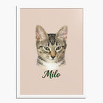 Colored pencil portrait of a tabby cat on a dusty pink background, framed in white wood, with the name "Milo" drawn below.