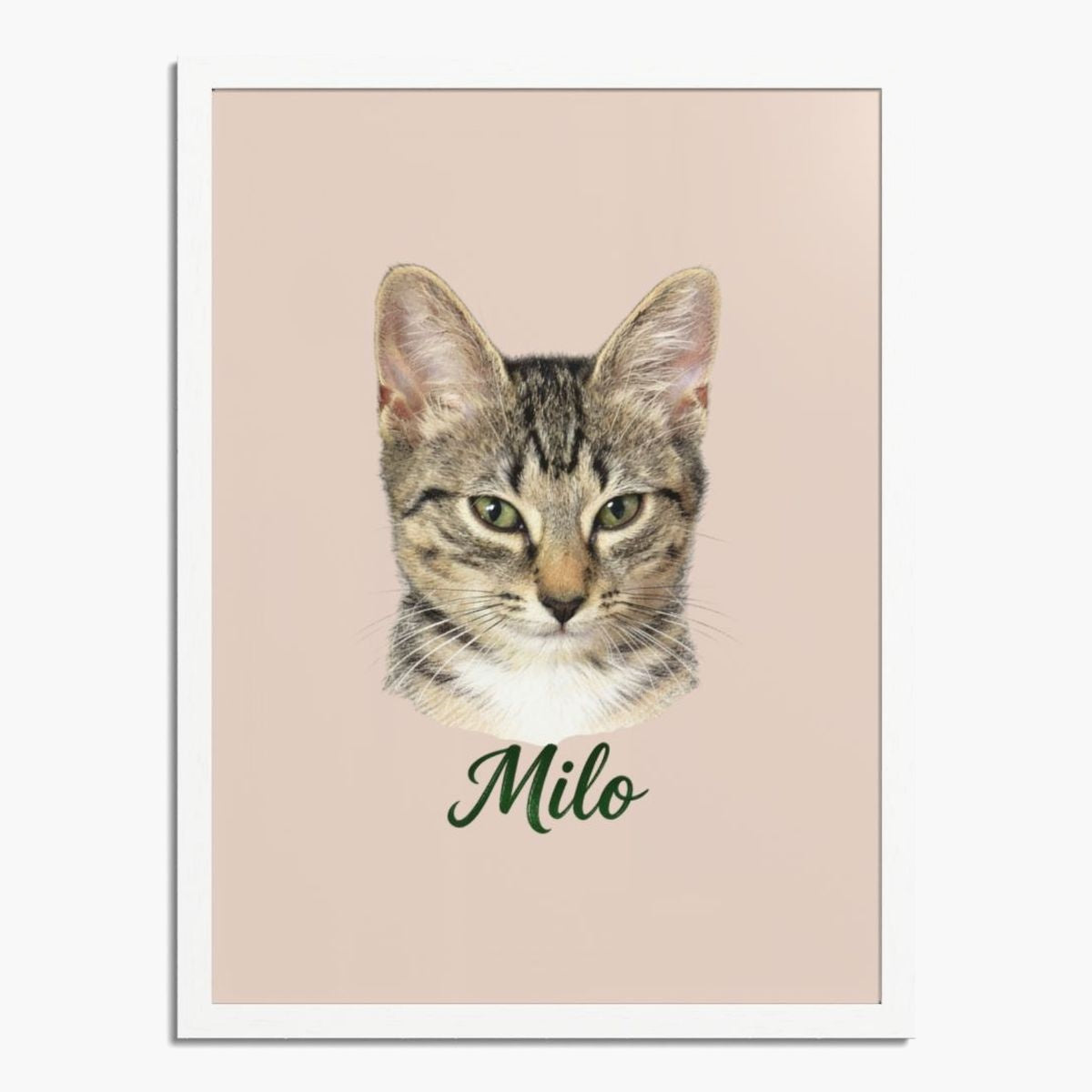 Colored pencil portrait of a tabby cat on a dusty pink background, framed in white wood, with the name "Milo" drawn below.