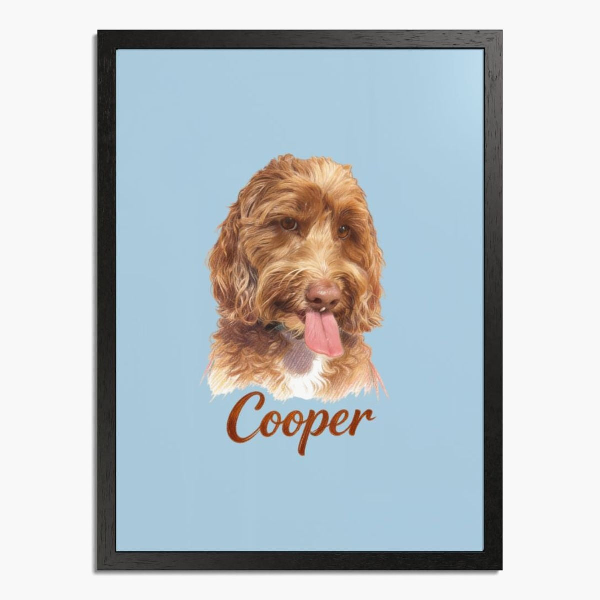 Colored pencil portrait of an apricot labradoodle on a french blue background, framed in black wood, with the name "Cooper" drawn below.