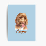Unframed colored pencil print of an apricot labradoodle on a french blue background, with the name "Cooper" drawn below.