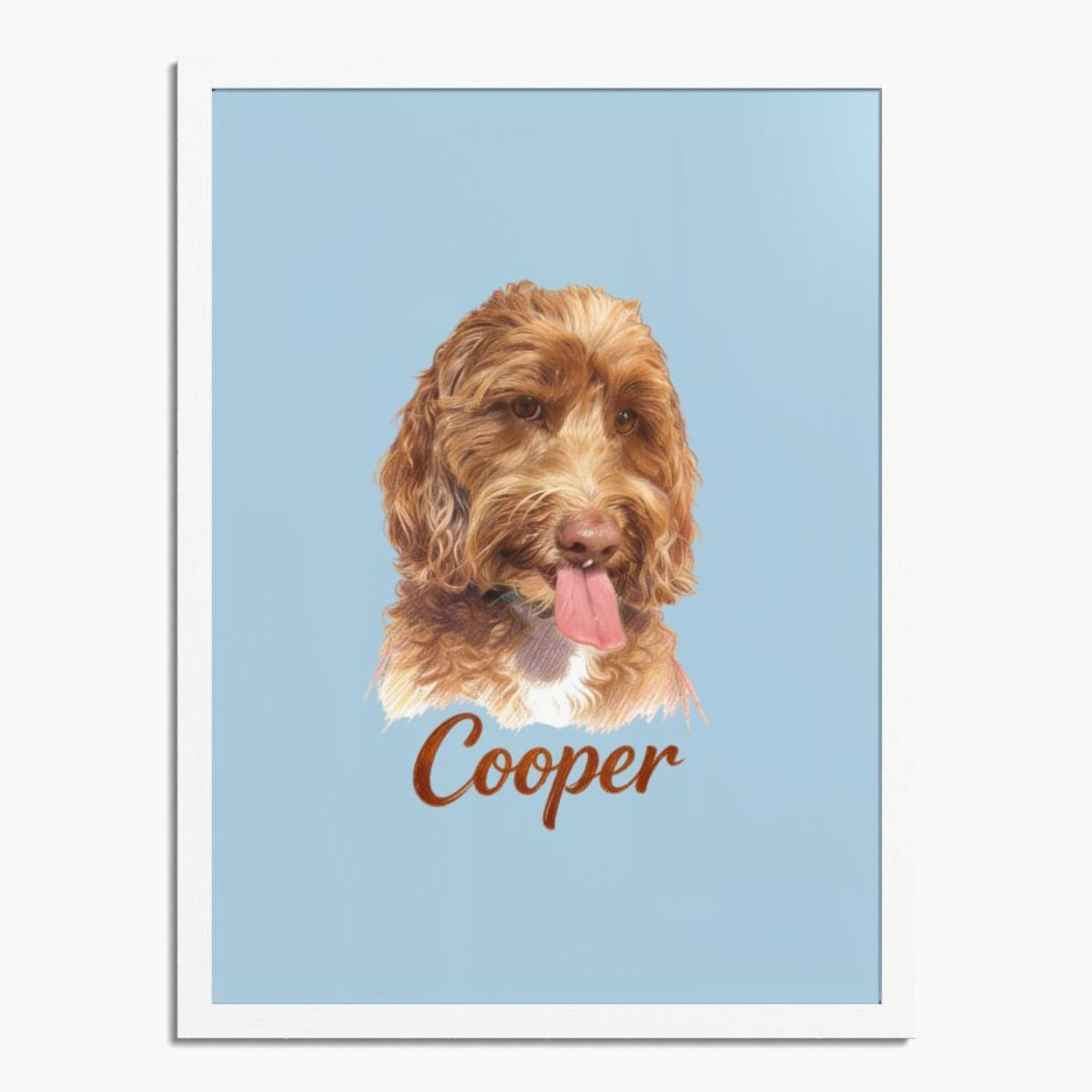 Colored pencil portrait of an apricot labradoodle on a french blue background, framed in white wood, with the name "Cooper" drawn below.