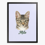 Colored pencil portrait of a tabby cat on a lavender background, framed in black wood, with the name "Milo" drawn below.