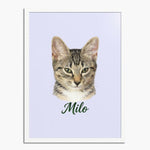 Colored pencil portrait of a tabby cat on a lavender background, framed in white wood, with the name "Milo" drawn below.