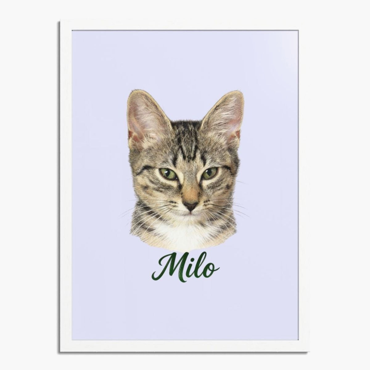 Colored pencil portrait of a tabby cat on a lavender background, framed in white wood, with the name "Milo" drawn below.