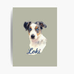 Unframed colored pencil print of a blue merle Australian shepherd puppy on a sage background, with the name "Loki" drawn below.
