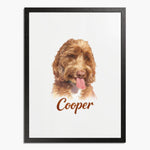 Colored pencil portrait of an apricot labradoodle on a soft white background, framed in black wood, with the name "Cooper" drawn below.