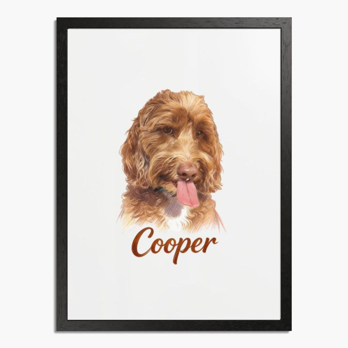 Colored pencil portrait of an apricot labradoodle on a soft white background, framed in black wood, with the name "Cooper" drawn below.