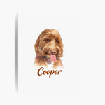 Unframed colored pencil print of an apricot labradoodle on a soft white background, with the name "Cooper" drawn below.