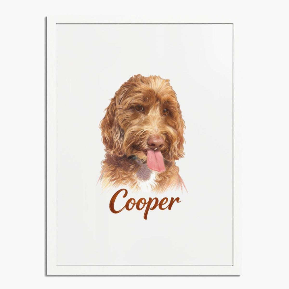 Colored pencil portrait of an apricot labradoodle on a soft white background, framed in white wood, with the name "Cooper" drawn below.