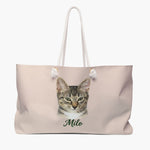 Colored pencil portrait of a tabby cat on a dusty pink weekender bag with white rope handles, with the name "Milo" drawn below.