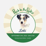 Bark in the Park pet coaster showing a colored pencil portrait of a dog named Loki inside the Bark in the Park San Jose event badge