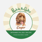 Bark in the Park pet coaster showing a colored pencil portrait of a dog named Cooper inside the Bark in the Park San Jose event badge