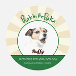 Bark in the Park pet coaster showing a colored pencil portrait of a dog named Ruffy inside the Bark in the Park San Jose event badge