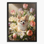 Old-master oil painting of a long-haired chihuahua nestled in a bouquet of pink, white and coral tulips, in a black wood frame.